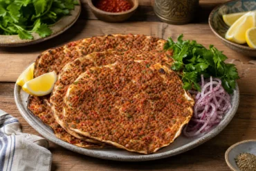 Thin Turkish lahmacun flatbreads topped with spiced minced beef, tomato, herbs, lemon wedges, parsley, and sliced onion.