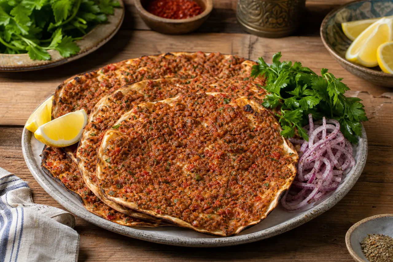 Thin Turkish lahmacun flatbreads topped with spiced minced beef, tomato, herbs, lemon wedges, parsley, and sliced onion.