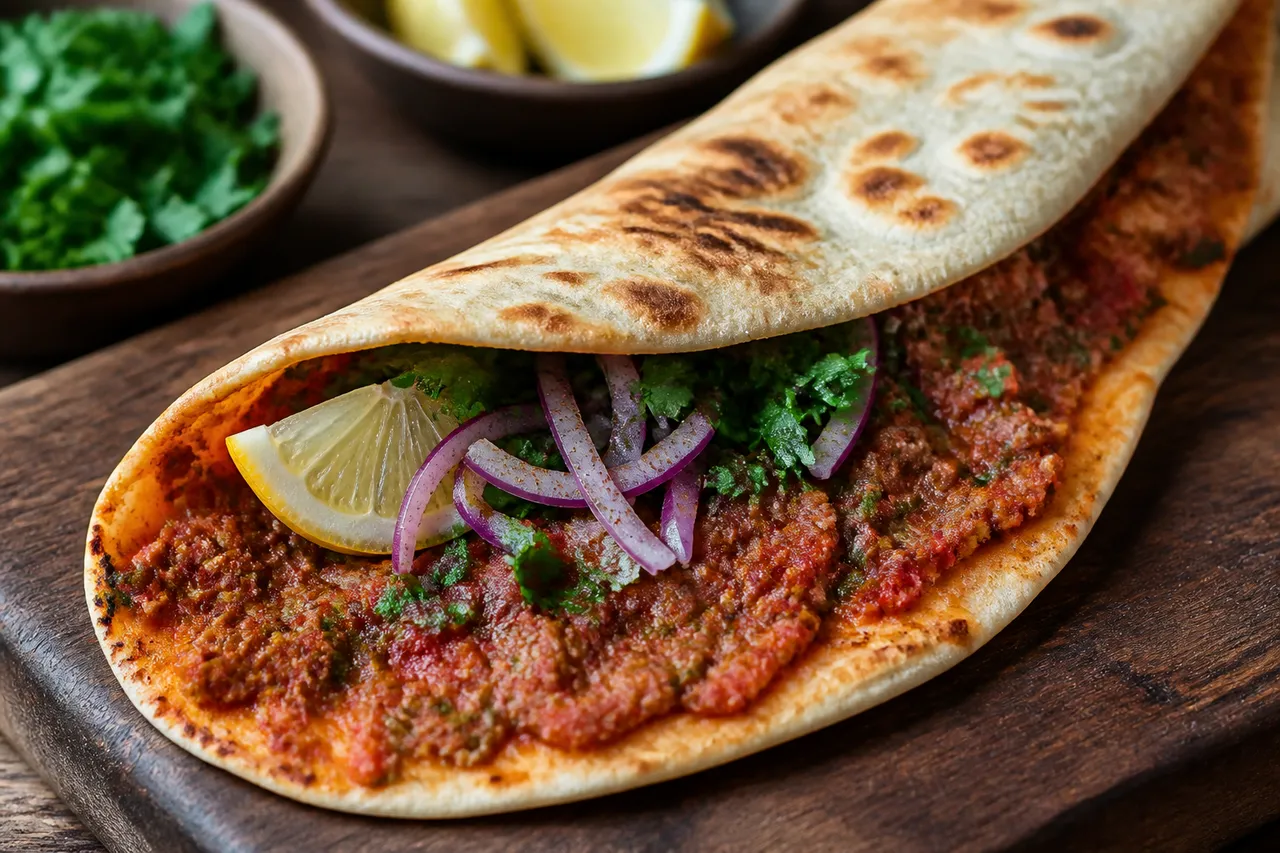 A folded Turkish lahmacun filled with parsley, red onion, lemon, and a crisp thin spiced beef topping.