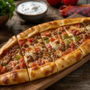 Boat-shaped Turkish pide topped with spiced beef, peppers, tomatoes, and melted cheese.