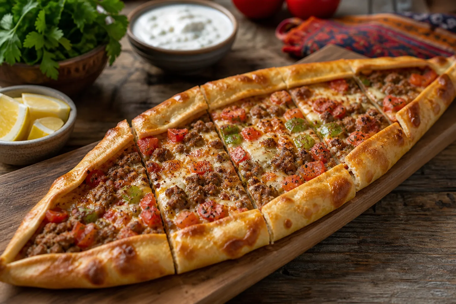Boat-shaped Turkish pide topped with spiced beef, peppers, tomatoes, and melted cheese.