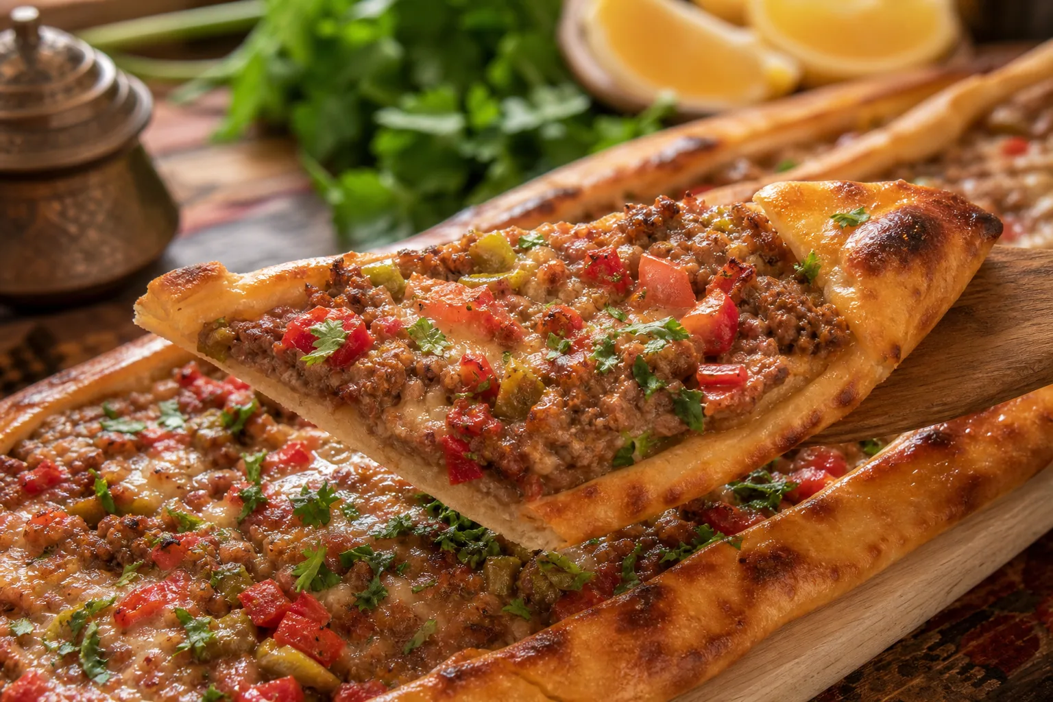 A close-up slice of Turkish pide showing crisp bread, spiced beef, roasted peppers, tomatoes, and melted cheese.