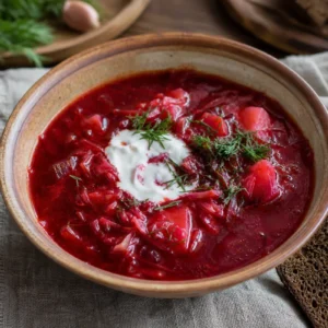 A bowl of Ukrainian borscht with sour cream, dill, and rye bread.