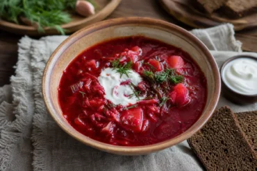 A bowl of Ukrainian borscht with sour cream, dill, and rye bread.