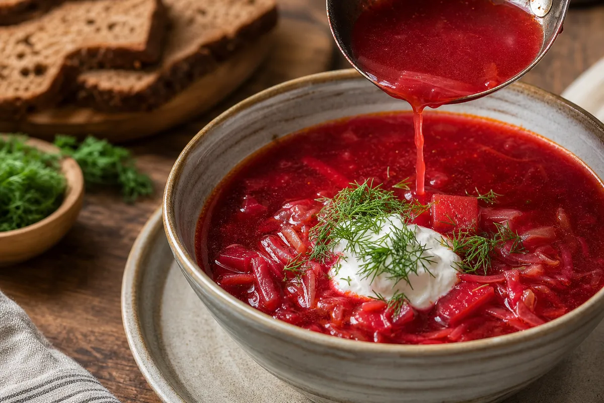 A close-up ladle serving ruby-red Ukrainian borscht with sour cream and dill.