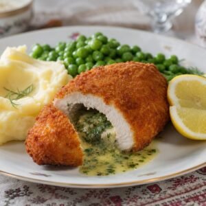 Golden breadcrumb-coated Ukrainian chicken Kiev sliced open with herb butter, mashed potatoes, peas, and lemon.