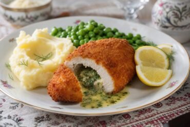Golden breadcrumb-coated Ukrainian chicken Kiev sliced open with herb butter, mashed potatoes, peas, and lemon.