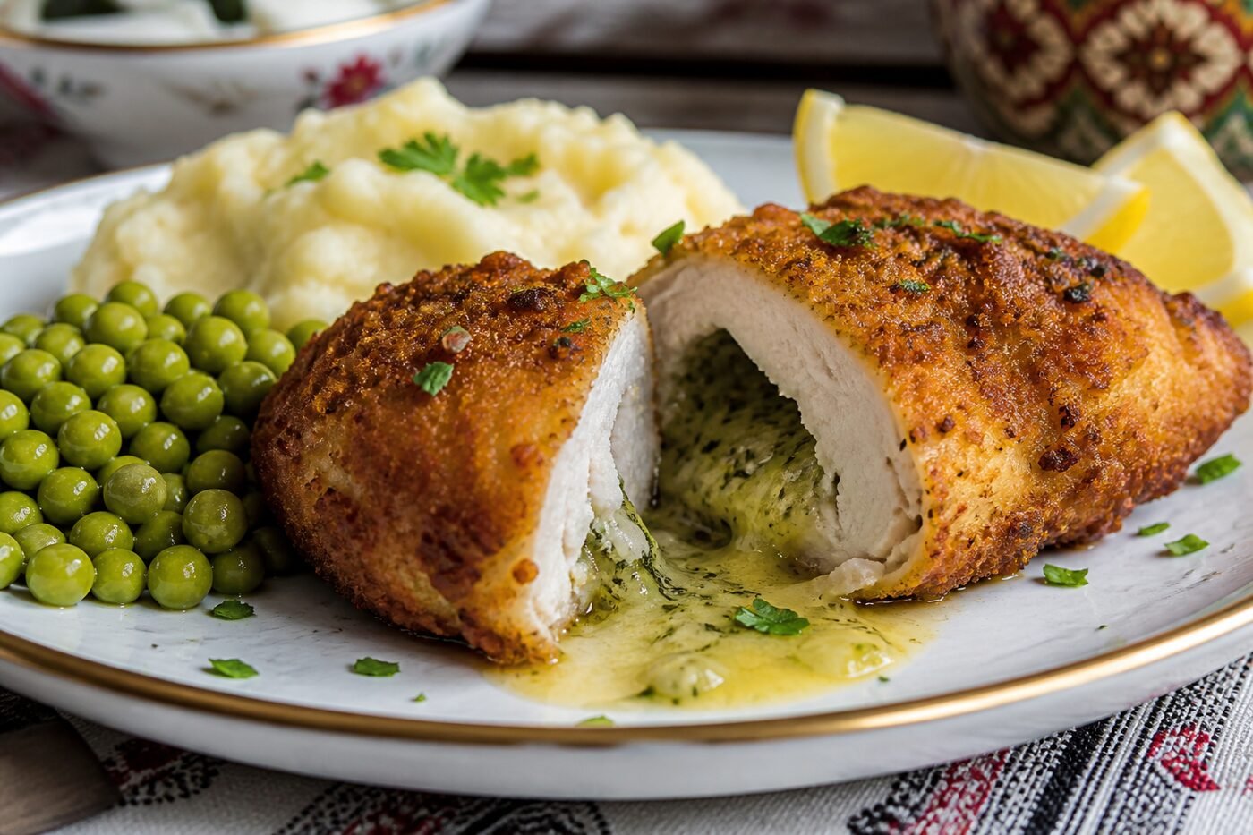 Close-up of crisp chicken Kiev with melted herb butter flowing from the center beside mashed potatoes and peas.