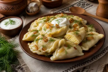 Ukrainian varenyky dumplings filled with potato and cheese, topped with caramelized onions, dill, and sour cream.