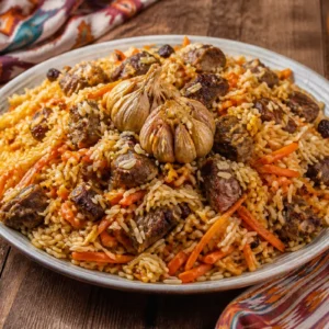 A platter of Uzbek plov with fluffy rice, tender lamb, carrots, garlic, and herbs.
