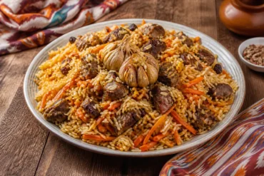 A platter of Uzbek plov with fluffy rice, tender lamb, carrots, garlic, and herbs.