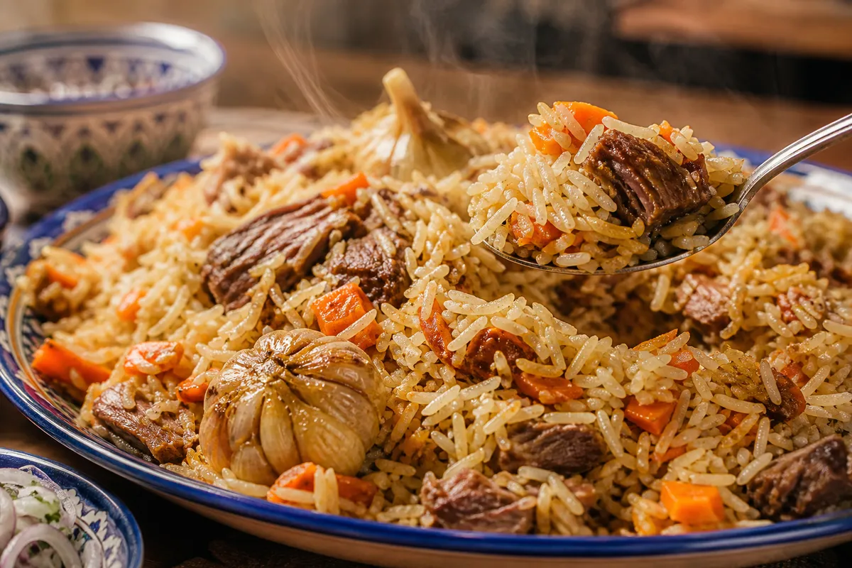 A close-up serving of Uzbek plov with fluffy rice, lamb, carrots, and whole garlic.