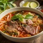 A bowl of spicy Vietnamese bun bo Hue with thick rice noodles, beef, pork, herbs, lime, and chili oil.