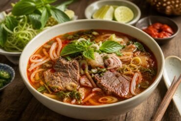 A bowl of spicy Vietnamese bun bo Hue with thick rice noodles, beef, pork, herbs, lime, and chili oil.
