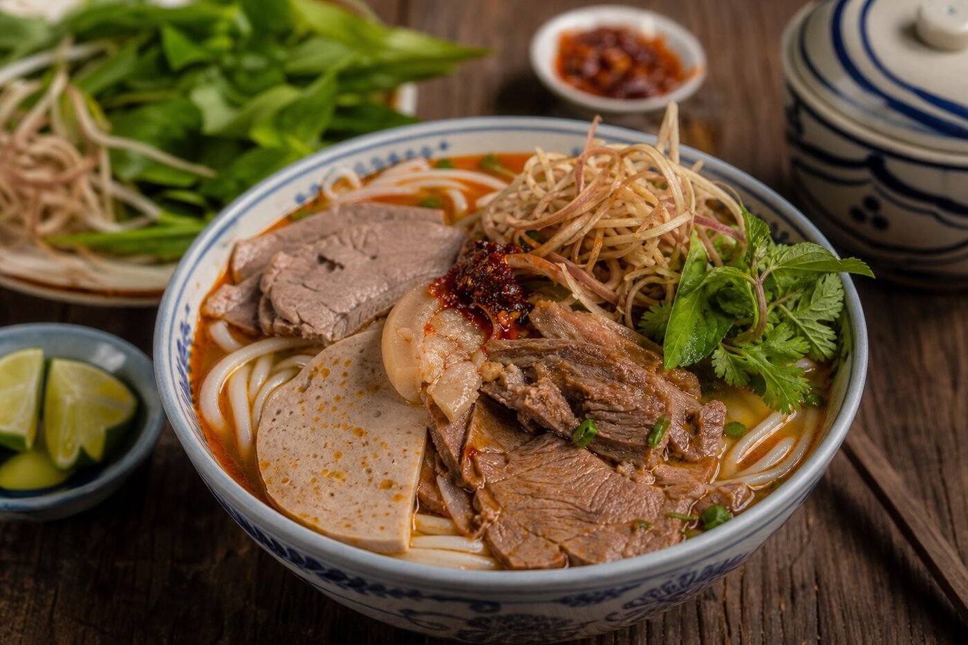 Close-up of Vietnamese bun bo Hue with beef, pork, thick noodles, herbs, banana blossom, lime, and chili oil.