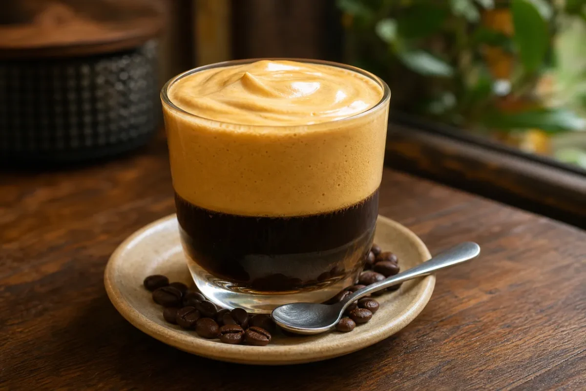 A clear glass of Vietnamese egg coffee with dark coffee topped by thick golden whipped egg cream on a saucer with coffee beans.