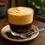 A clear glass of Vietnamese egg coffee with dark coffee topped by thick golden whipped egg cream on a saucer with coffee beans.