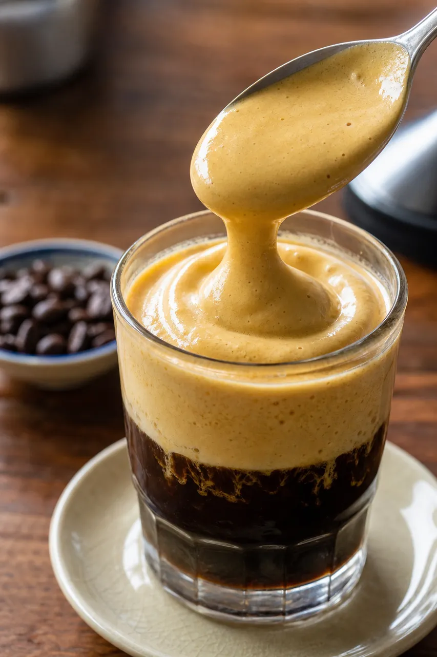 A spoonful of thick golden egg cream being layered over dark Vietnamese coffee in a clear glass.
