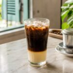 Vietnamese iced coffee layered with dark coffee and sweetened condensed milk in a clear glass with a phin filter.