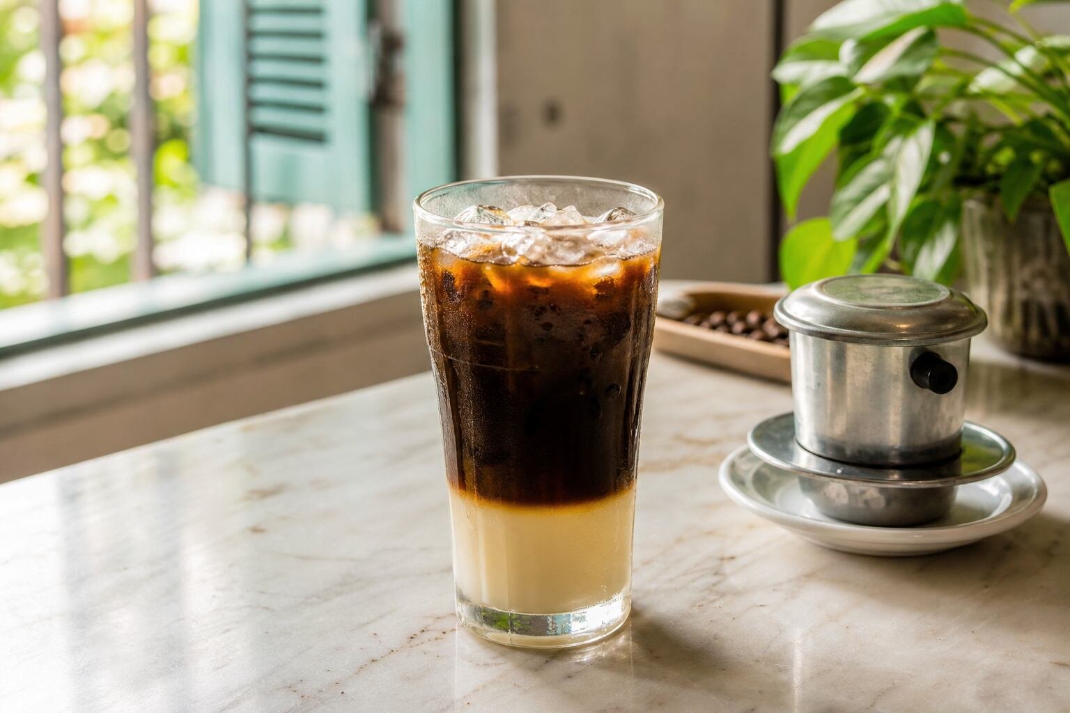 Vietnamese iced coffee layered with dark coffee and sweetened condensed milk in a clear glass with a phin filter.
