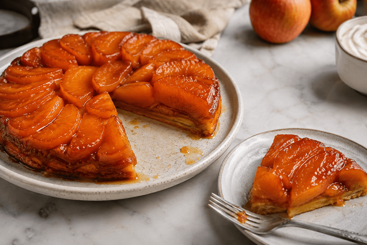 A glossy French tarte Tatin with caramelized apples, flaky pastry, and crème fraîche.