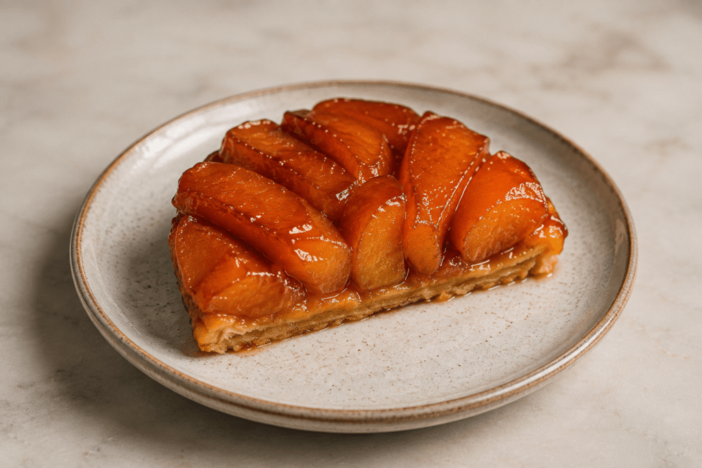 Close-up of caramelized apple tarte Tatin with flaky pastry, caramel glaze, and crème fraîche.
