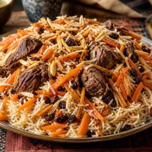 Afghan Kabuli Pulao with lamb, carrots, raisins, and almonds on a platter.