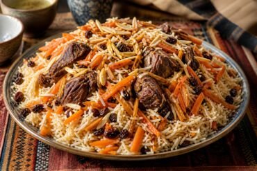 Afghan Kabuli Pulao with lamb, carrots, raisins, and almonds on a platter.