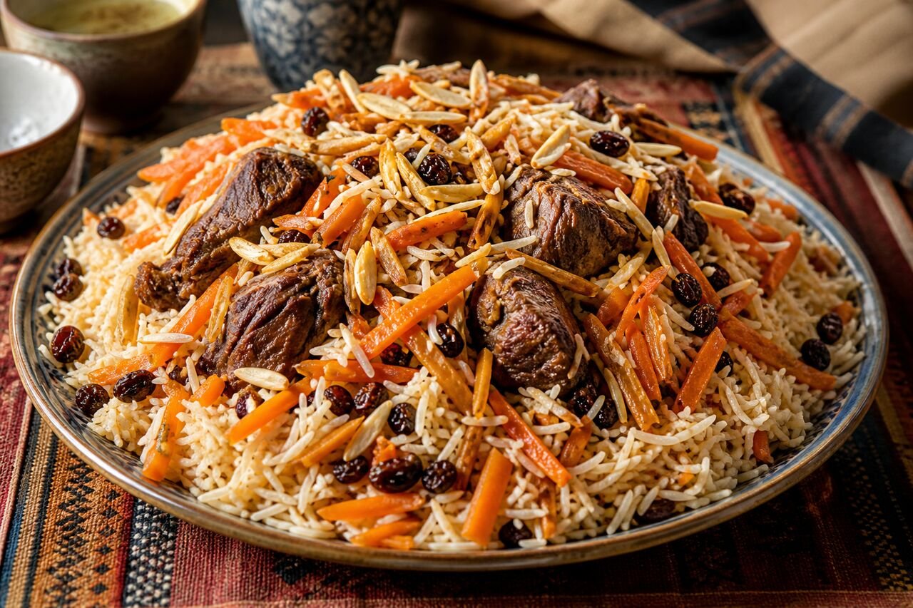 Afghan Kabuli Pulao with lamb, carrots, raisins, and almonds on a platter.