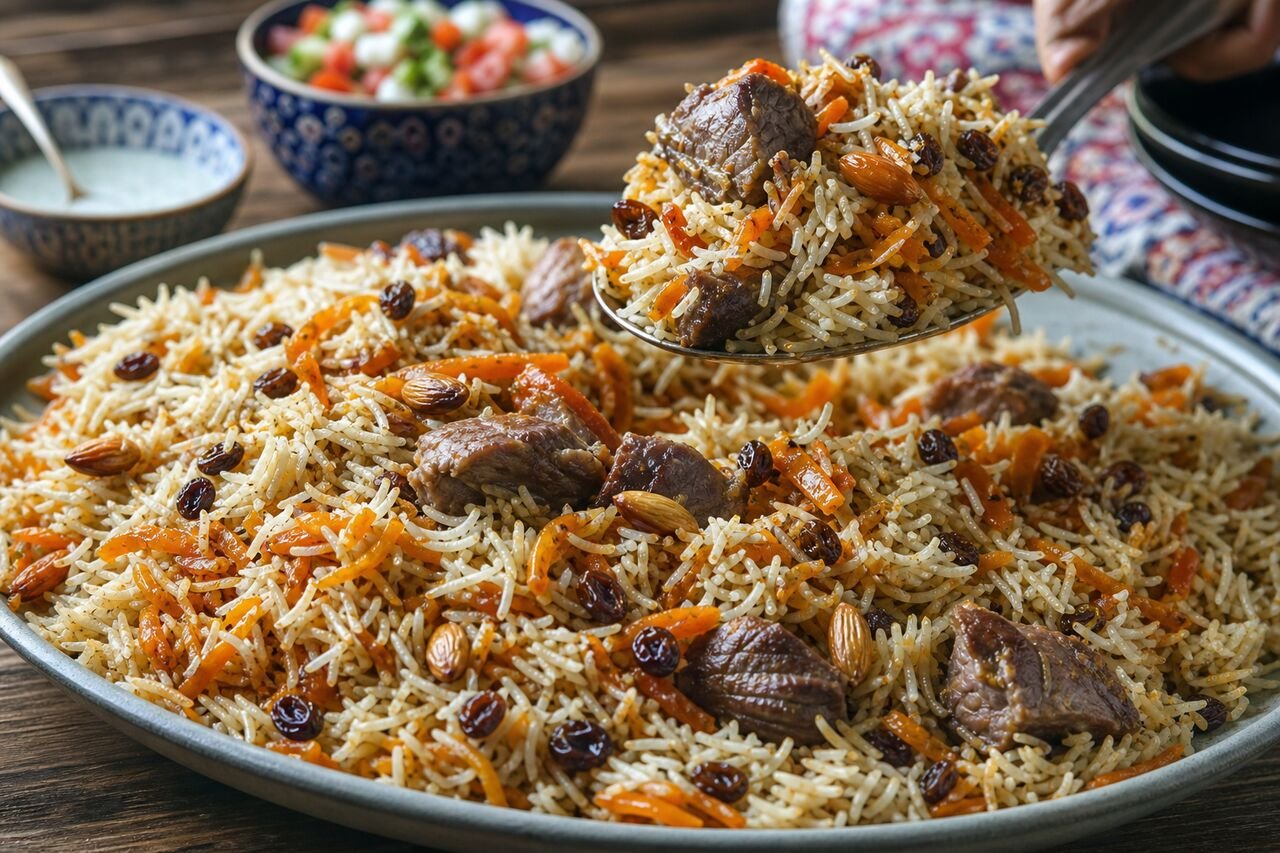 A close serving of Afghan Kabuli Pulao with fluffy rice, lamb, carrots, raisins, and almonds.
