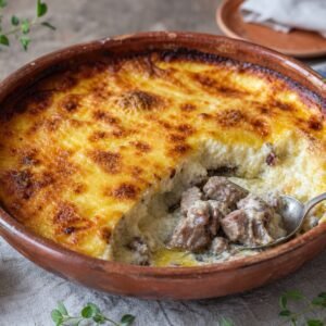 Golden Albanian tave kosi casserole with tender lamb and creamy yogurt topping in an earthenware dish.