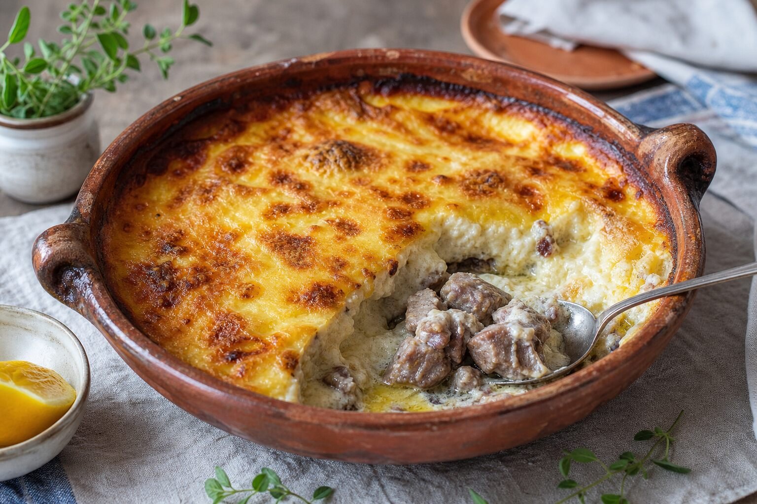 Golden Albanian tave kosi casserole with tender lamb and creamy yogurt topping in an earthenware dish.