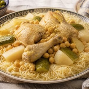Algerian rechta noodles with chicken, chickpeas, turnip, and zucchini.