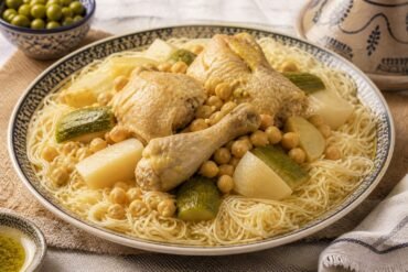 Algerian rechta noodles with chicken, chickpeas, turnip, and zucchini.