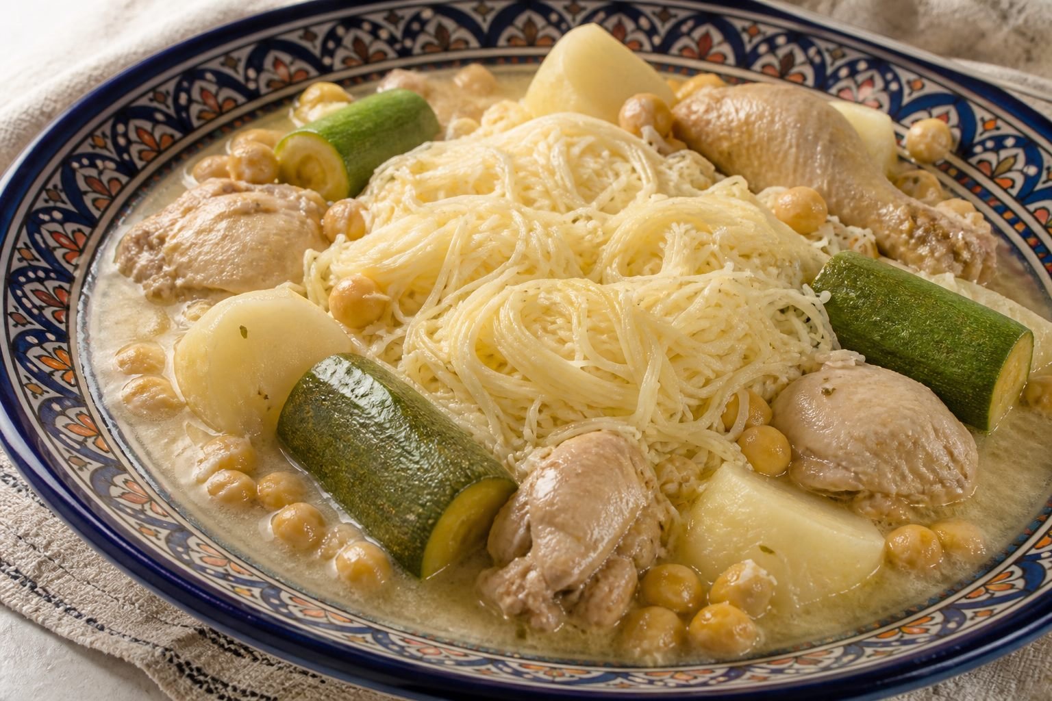 Close view of fine rechta noodles served with pale chicken and vegetable broth.