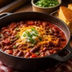 American chili con carne with beef, beans, cheddar, sour cream, scallions, and cornbread.