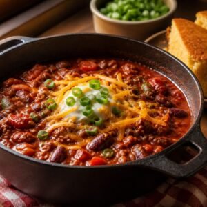 American chili con carne with beef, beans, cheddar, sour cream, scallions, and cornbread.