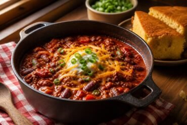 American chili con carne with beef, beans, cheddar, sour cream, scallions, and cornbread.