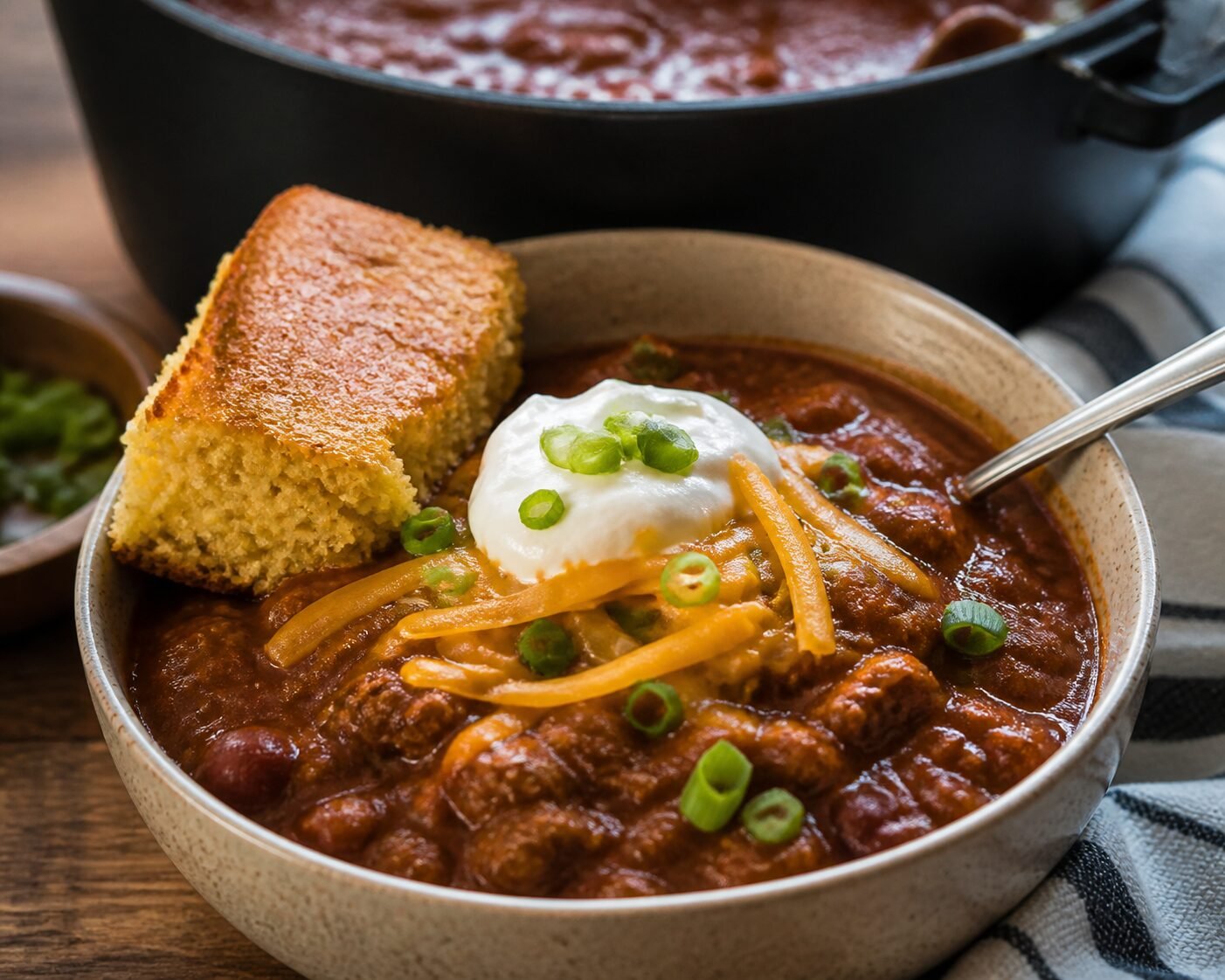 A bowl of American chili con carne topped with cheddar, sour cream, scallions, and cornbread.