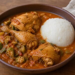 Angolan chicken muamba with okra, tomato sauce, and white funge.