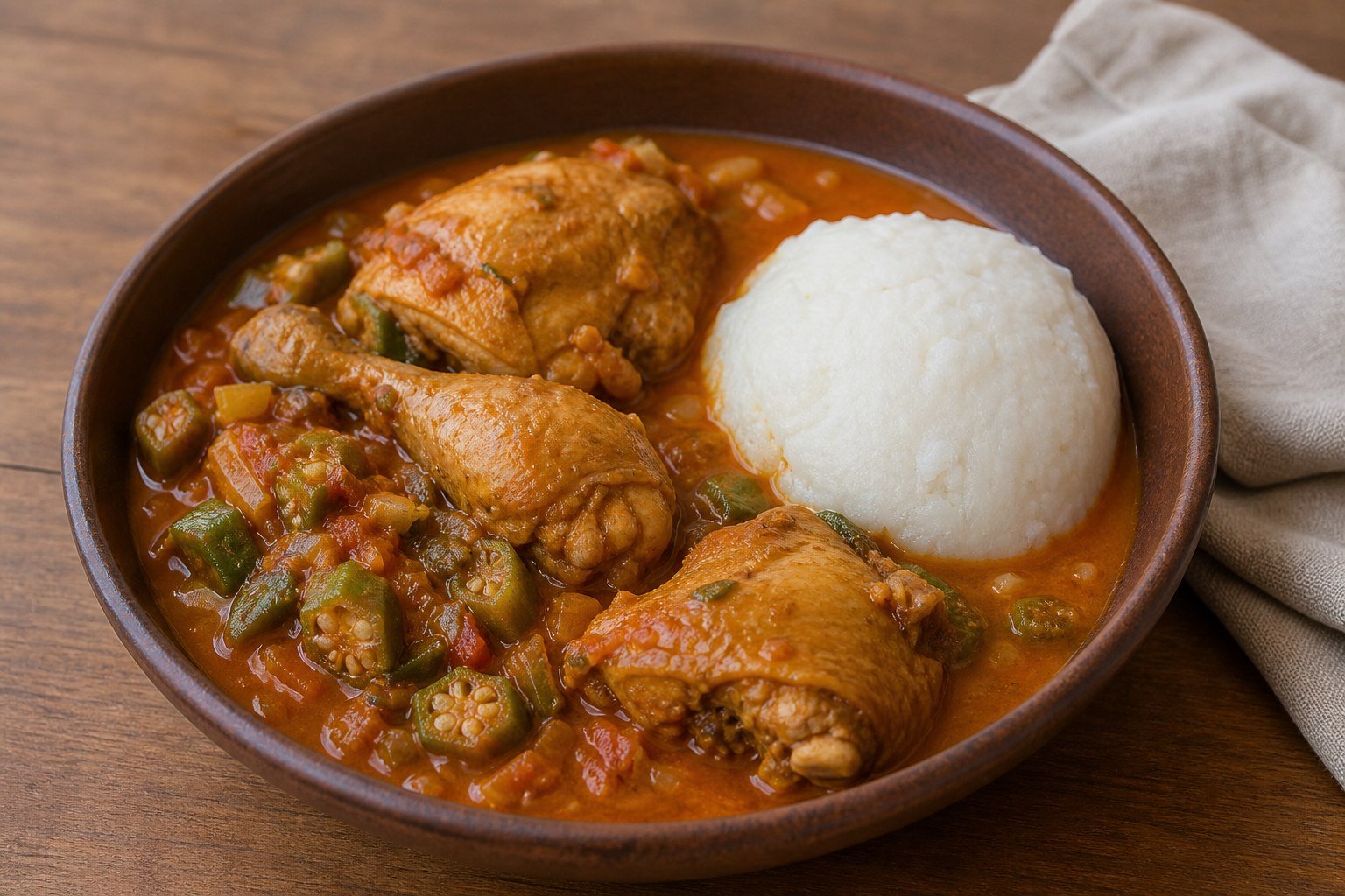Angolan chicken muamba with okra, tomato sauce, and white funge.