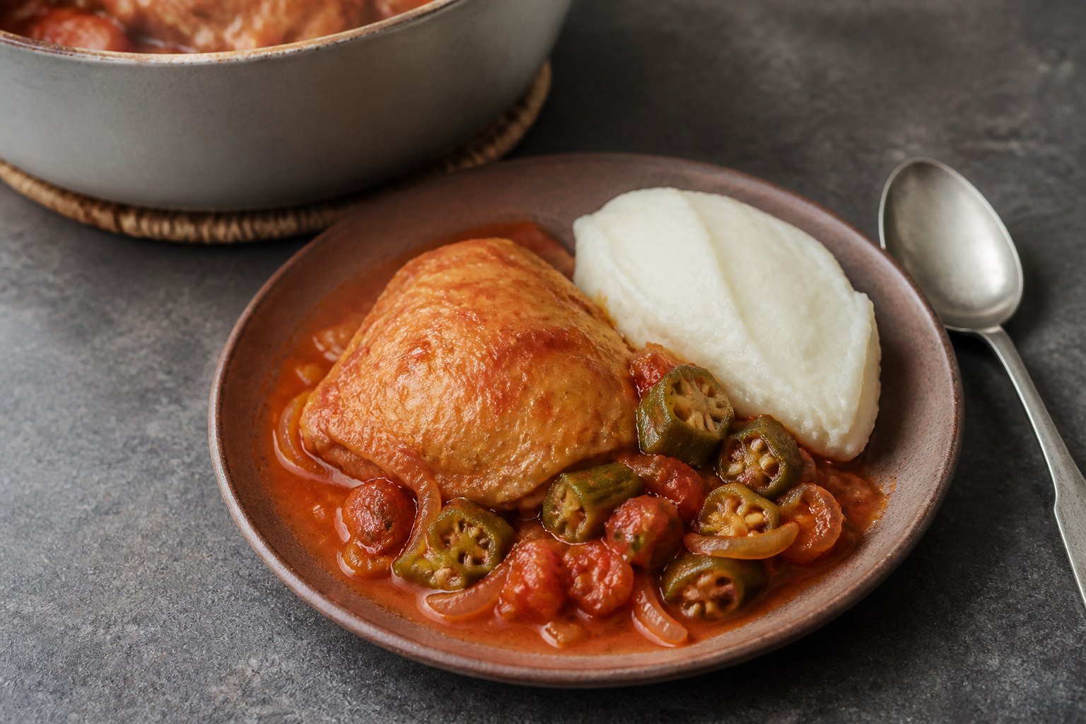Chicken muamba served with okra sauce and a portion of funge.