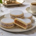 Argentine alfajores filled with dulce de leche and rolled in coconut beside coffee.