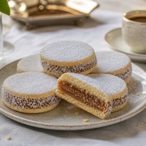 Argentine alfajores filled with dulce de leche and rolled in coconut beside coffee.
