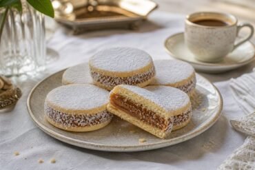 Argentine alfajores filled with dulce de leche and rolled in coconut beside coffee.