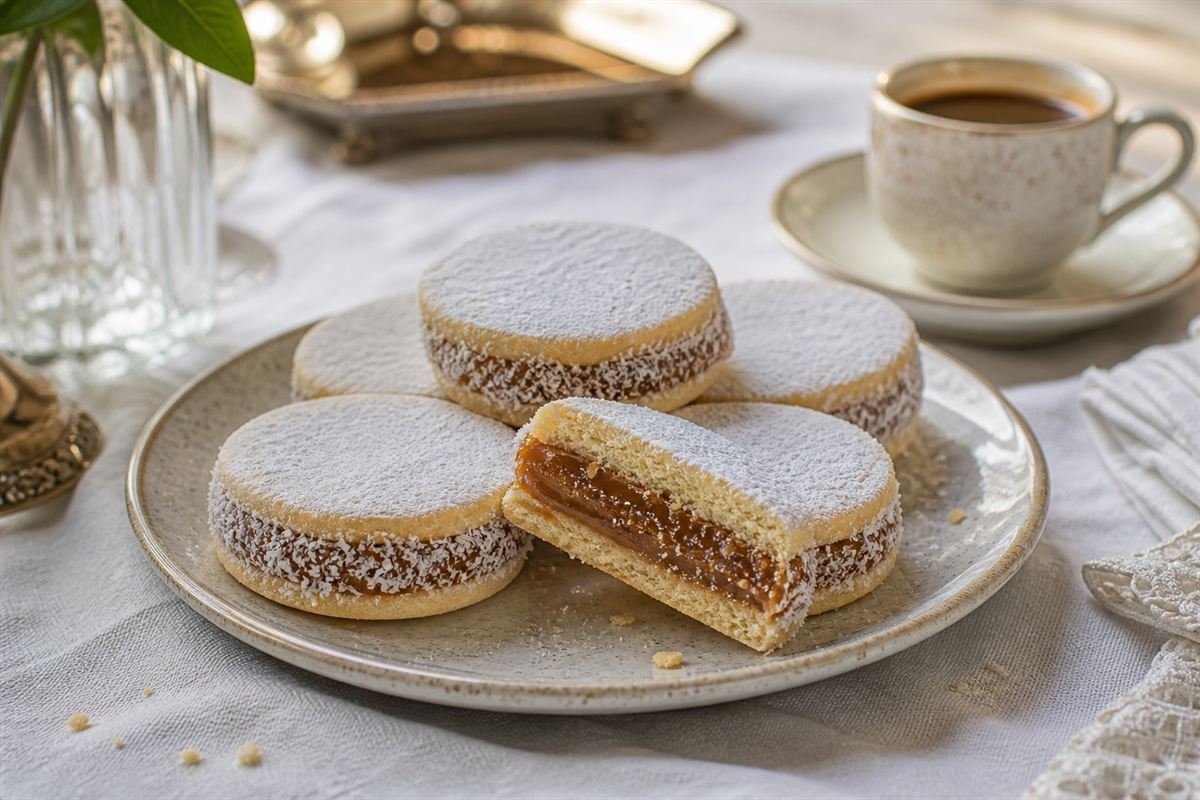 Argentine alfajores filled with dulce de leche and rolled in coconut beside coffee.