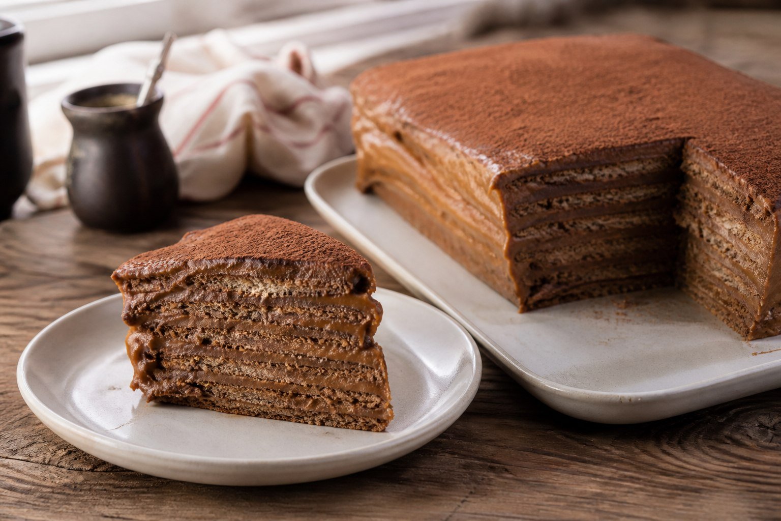 A slice of Argentine chocotorta showing chocolate biscuit and dulce de leche layers.