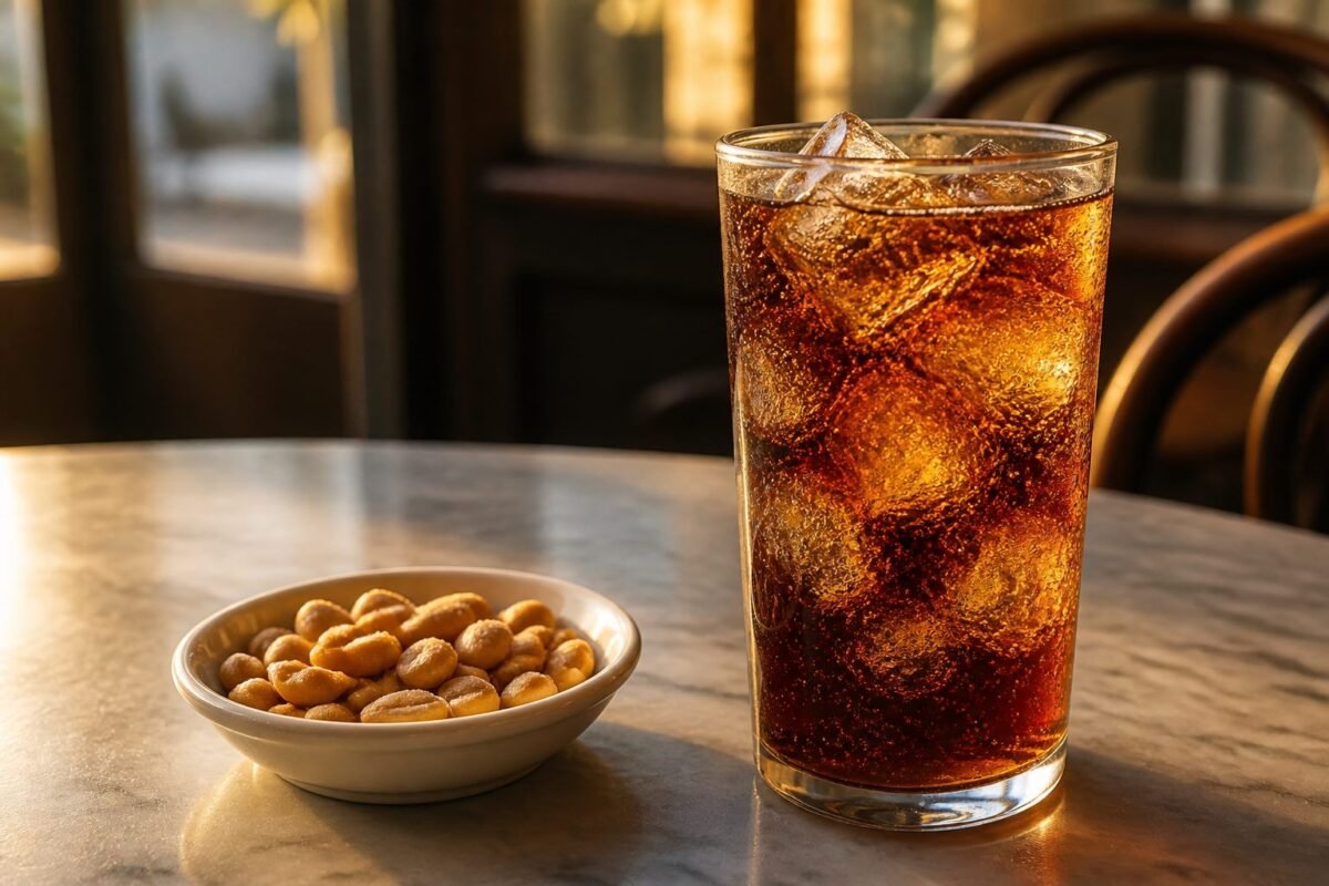 Argentine fernet and cola in a tall ice-filled glass beside salted peanuts.