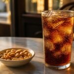 Argentine fernet and cola in a tall ice-filled glass beside salted peanuts.