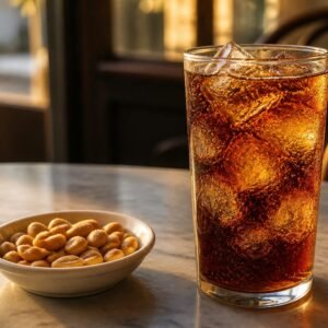 Argentine fernet and cola in a tall ice-filled glass beside salted peanuts.
